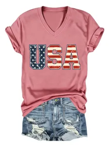 Mujer Cuello V Manga Corta Camiseta Verano Bandera USA Letra Estampado Tops Casual