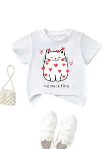 Detailed view of the cute white children's t-shirt featuring a lovely cat print and sweet text design.