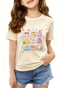 Cute cartoon baozi print kids short sleeve t-shirt casual summer cotton crewneck top for kids