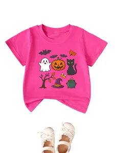 T-shirt manches courtes Halloween pour enfants, haut col rond imprimé chat citrouille fantôme.