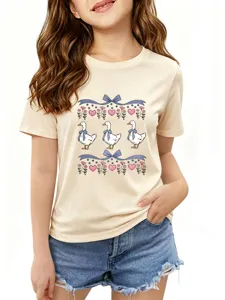 Kids cute duck print short sleeve t-shirt detail view, soft casual summer wear everyday top.
