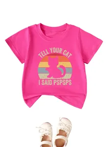 Close-up of the cute retro cat graphic and funny text on the vibrant pink cotton kids t-shirt.