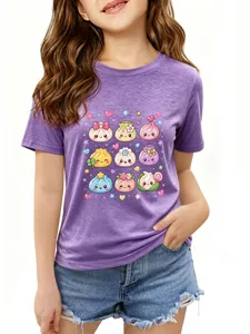 Kids cute cartoon dumpling print purple short sleeve t-shirt, soft casual daily wear.