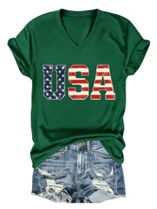 Camiseta casual de mujer con cuello en V y manga corta con estampado de letras bandera USA.