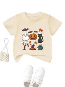 T-shirt imprimé dessin animé Halloween pour enfants, haut à manches courtes et col rond confortable.