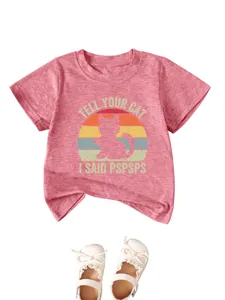 Pink toddler t-shirt detail, cute cat graphic print, short sleeve design, casual wear.