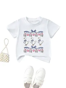 Kids cute white short sleeve t-shirt with lovely three ducks print, bows and sweet floral patterns.