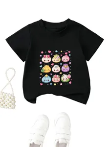 Kids cute cartoon dumpling graphic black short sleeve t-shirt, casual children summer top.