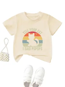 Cute vintage cat graphic kids short sleeve t-shirt, casual loose summer top for daily wear.