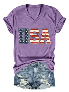 Camiseta de manga corta con cuello en V para mujer con diseño gráfico de letras USA.