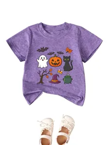 T-shirt Halloween enfant violet manches courtes motif fantôme citrouille chat noir top