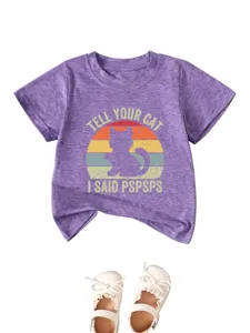 Cute kids short sleeve t-shirt featuring funny cat graphic and vintage slogan print design.