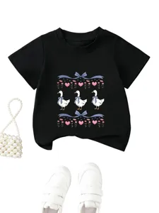 Kids black t-shirt featuring cute three ducks, bows, hearts and floral graphic print details.