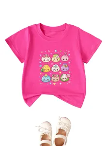 Pink cute dim sum graphic short sleeve t-shirt for kids, casual round neck daily wear top.
