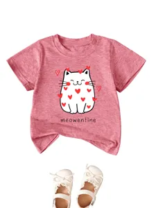 Toddler cute cat print short sleeve T-shirt, pink cotton blend round neck cute kids top.