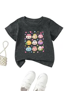 Kids short sleeve t-shirt with cute kawaii dumpling graphic print, casual grey summer top.
