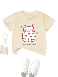 Cute cat graphic short sleeve T-shirt for kids, comfortable round neck casual summer top.