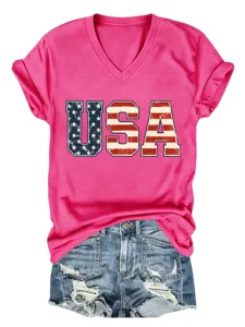 Camiseta casual de mujer de manga corta con cuello en V y estampado de bandera USA.