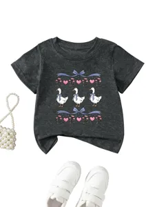 Kids cute duck bow print short sleeve t-shirt children casual crewneck dark grey top