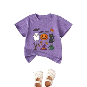 T-shirt à manches courtes d'Halloween pour enfants avec motif fantôme chat citrouille.
