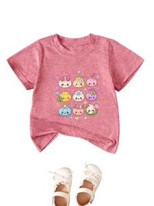 Pink cute cartoon kawaii dumpling print kids short sleeve t-shirt with white shoes