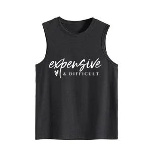Donkergrijze casual dames mouwloze tanktop met trendy slogan print voor dagelijks gebruik.