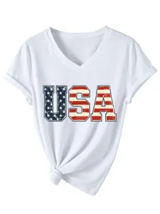 Mujer vintage bandera USA letra estampado cuello V manga corta camiseta detalle