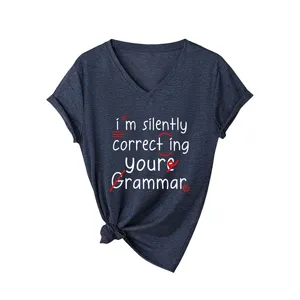 Dames V-Hals Korte Mouw Casual T-Shirt Grappige Slogan Zomer Losse Top Kledingstuk