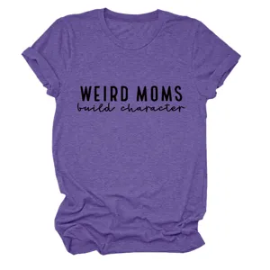 Élégant t-shirt femme manches courtes violet impression lettre casual col rond haut