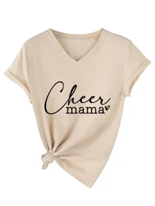 Close-up detail of women casual V-neck short sleeve T-shirt with Cheer mama print knot hem.