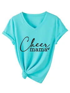 Comfortable women V-neck short sleeve t-shirt with cheer mama print, casual turquoise top.