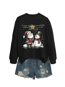 Felpa con stampa natalizia e pantaloncini di jeans set casual a maniche lunghe da donna