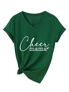 Close up detail of women green v-neck short sleeve t-shirt with cheer mama print knot hem.