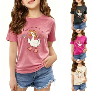 Cute silly goose print kids t-shirt detail, casual short sleeve round neck design.