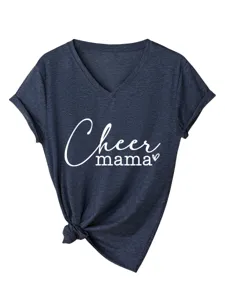 Women V-neck short sleeve t-shirt with cheer mama letter print casual summer top tee.