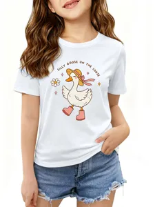 Cute cartoon duck graphic print short sleeve white t-shirt for kids casual summer wear