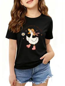 Cute cartoon goose print short sleeve round neck black t-shirt for daily casual wear.