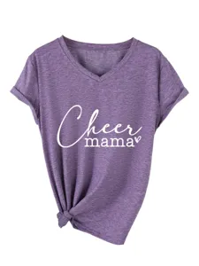 Close up view of the purple v-neck short sleeve t-shirt featuring a front knot and cheer mama print.