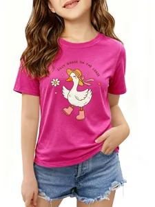 Cute pink short sleeve t-shirt for kids featuring silly goose graphic and text print casual top