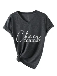 Women V-Neck Short Sleeve T-Shirt Casual Letter Print Tee Top with Knot Hem Dark Gray