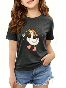 Detail view of a cute dark gray short sleeve graphic t-shirt featuring silly goose print.