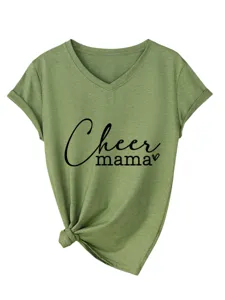 Women's V-Neck Short Sleeve T-Shirt Casual Olive Green Tee with Cheer Mama Print Knot Hem
