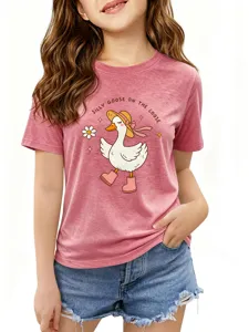 Pink cute cartoon duck print crew neck short sleeve t-shirt for girls casual summer daily wear