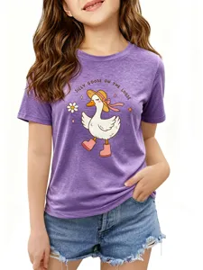Cute cartoon duck print kids short sleeve t-shirt paired with denim shorts for summer daily wear.