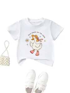 Cute cartoon duck print children's short sleeve crewneck t-shirt in white color for daily wear.