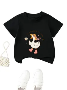 Cute cartoon duck print kids black t-shirt casual round neck short sleeve top for summer.