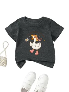 Cute cartoon duck print children short sleeve t-shirt, casual round neck grey top for kids.