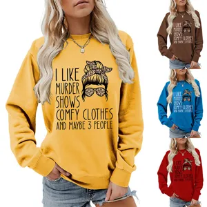 Casual women's long sleeve crewneck sweatshirt with funny graphic print, comfy autumn wear.