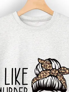 Casual grey crewneck sweatshirt featuring a trendy messy bun leopard graphic and letter print.