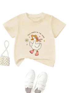 Cute cartoon goose graphic kids t-shirt, casual round neck short sleeve cotton top for summer.